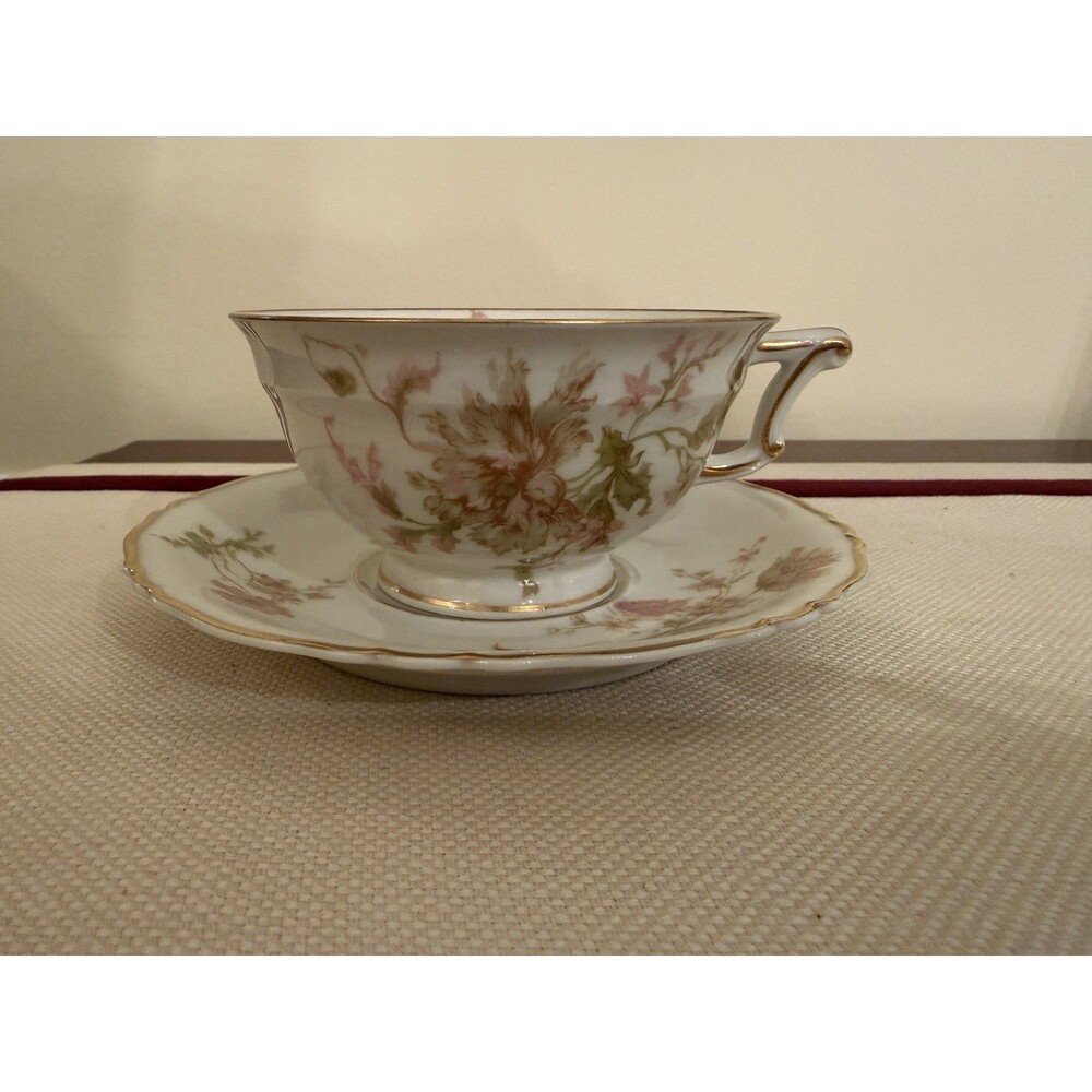 Vintage Haviland Limoges Poppy Porcelain Footed Teacup and Saucer Set Gold Trim